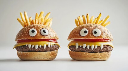 Cute monster burgers with fries on white background