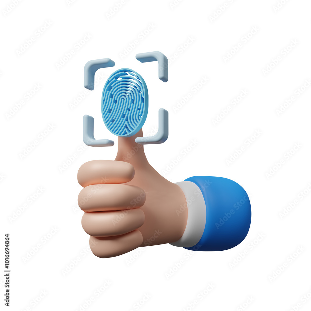 Poster 3d businessman hand scanning finger print icon on transparent background, protection network securit
