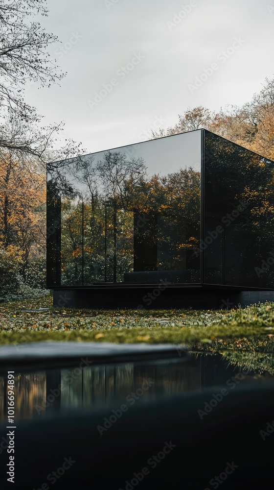 Poster modern architectural design featuring a sleek black cube structure surrounded by serene nature and r