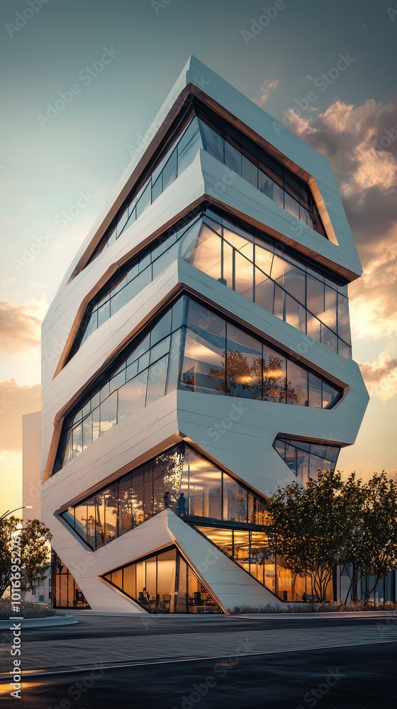 Poster modern architecture showcases a striking, angular building with large glass windows against a colorf