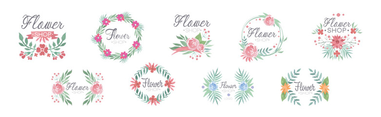 Flower Shop Watercolor Label Design with Floral Bud Vector Set