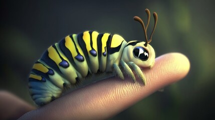 Naklejka premium Children discovering nature from their fingers, with a caterpillar on their fingertip