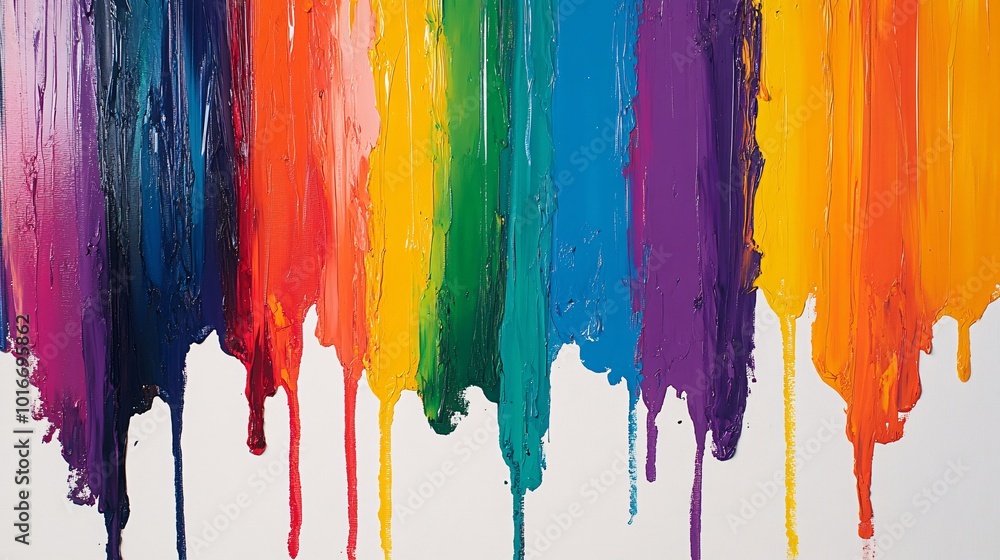 Poster vibrant paint drips in a spectrum of colors creating a dynamic texture. ideal for background designs