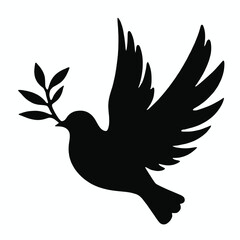 Obraz premium A black silhouette of a dove or pigeon with an olive branch in its beak 