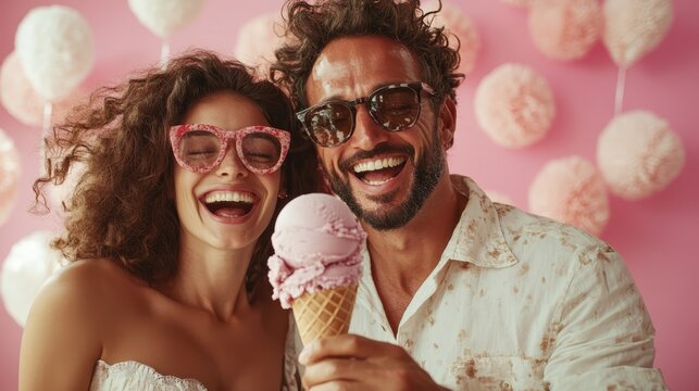 A cheerful couple with matching pink outfits shares a cone of soft pink ice cream, reflecting their vibrant love and shared moments of happiness and style.