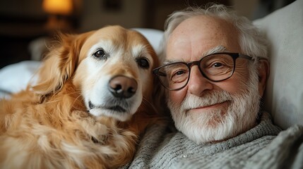 A senior man with a white beard and glasses smiles at the camera while cuddling with his golden retriever dog.
