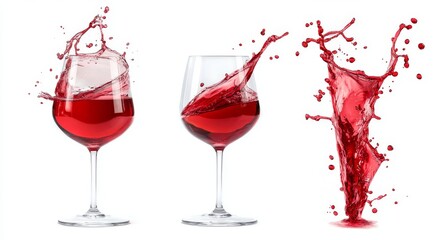 A white background illustrates motion and elegance against the splashes of red wine on the glasses.