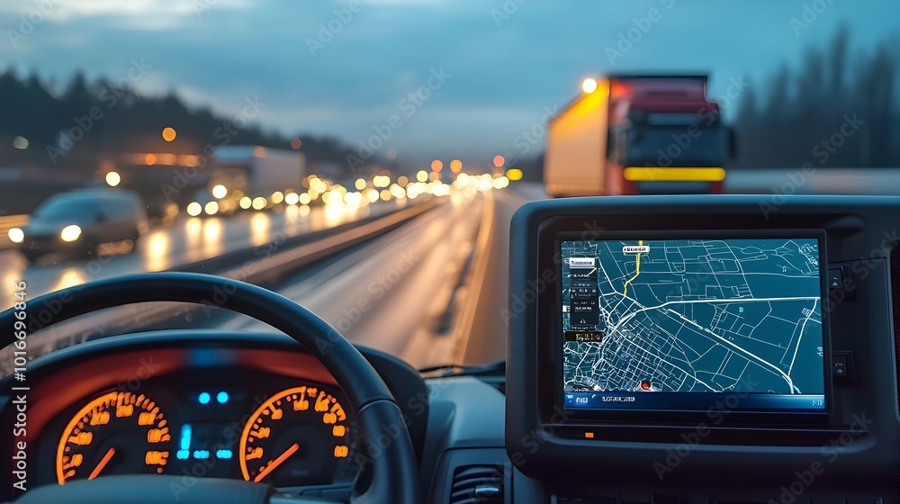 Poster real-time gps tracking on truck dashboard showing current location and route