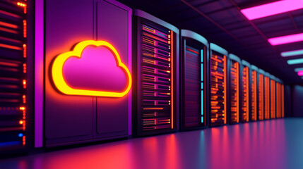 3D render of a glowing cloud icon on a row with modern server equipment in a data center room interior. Cloud computing technology concept