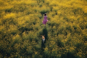 A happy girl run floating with a dog flower field land.