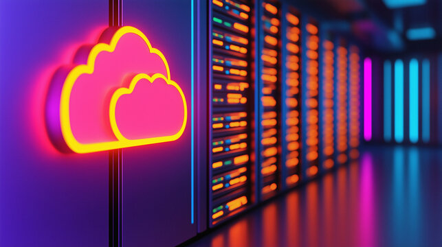 3D render of a glowing cloud icon on a row with modern server equipment in a data center room interior. Cloud computing technology concept
