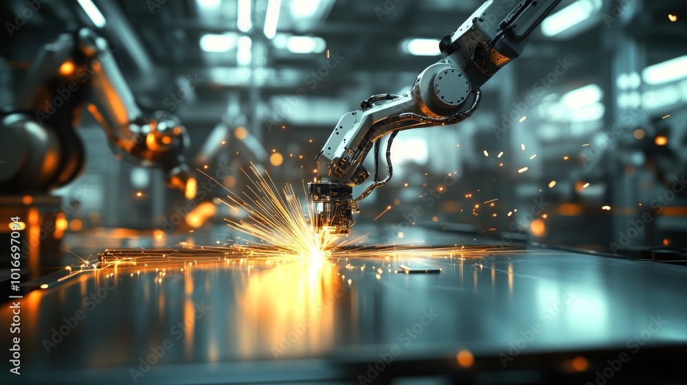 Poster a robotic arm welding in an industrial setting, creating sparks and showcasing automation.