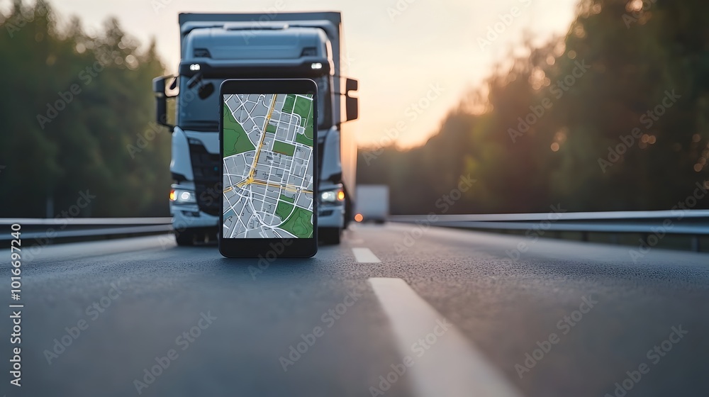 Aufkleber smartphone app displaying live truck location on digital map for modern logistic tracking
