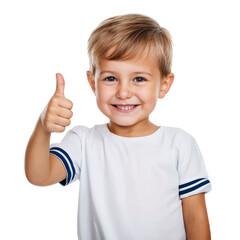 Cheerful smiling kid showing thumb up isolated on transparent background