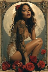 Portrait of a woman in lingerie with tattoo in retro style