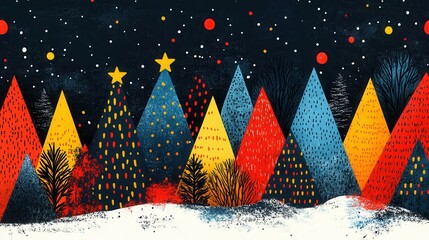 A winter landscape features whimsical triangular trees adorned with dots and stars. The night sky sparkles with stars, creating a festive atmosphere as colorful trees in shades of red, blue, and gold 