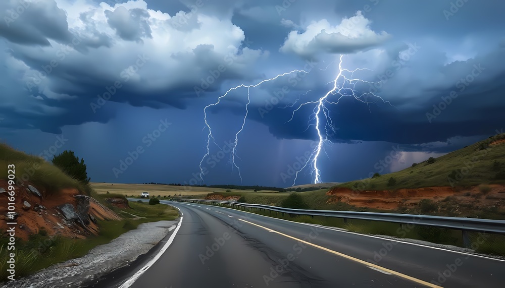 Wall mural a lightning storm illuminates a deserted road, with dark clouds overhead and a grassy field on eithe