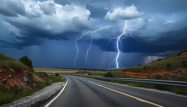A lightning storm illuminates a deserted road, with dark clouds overhead and a grassy field on either side
