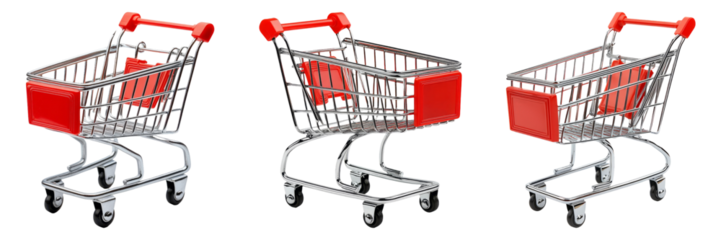 Shopping carts in different angles isolated on transparent background perfect for retail-themed illustrations or supermarket advertisements