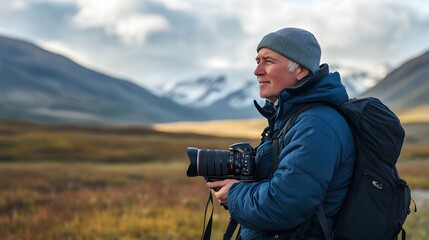 Portrait of an experienced nature photographer in the mountains