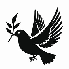 Obraz premium A black silhouette of a dove or pigeon with an olive branch in its beak 