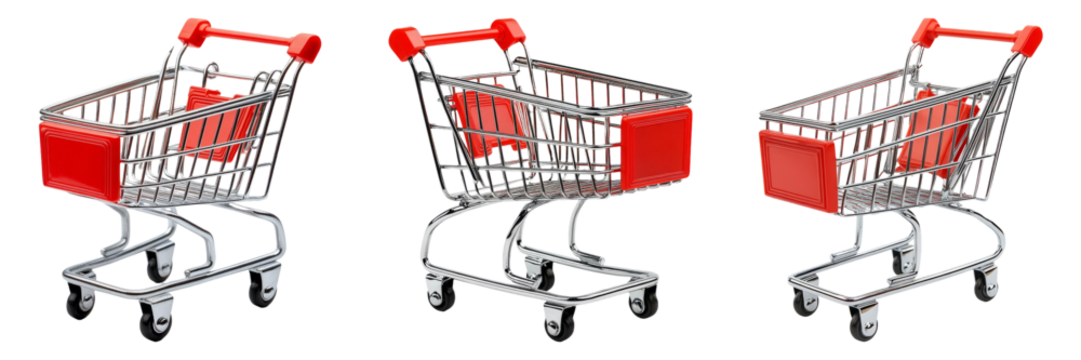 Shopping carts in different angles isolated on transparent background perfect for retail-themed illustrations or supermarket advertisements