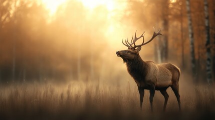 Fototapeta premium In a misty forest at dawn, a regal stag stands still as soft light filters through the trees, creating a harmonious blend of nature's beauty and tranquility.