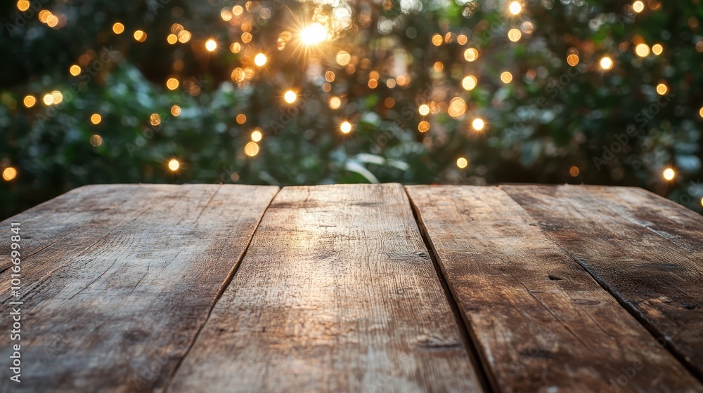 Poster a rustic wooden table in focus with a warm bokeh background showing the golden glow of lights. this 