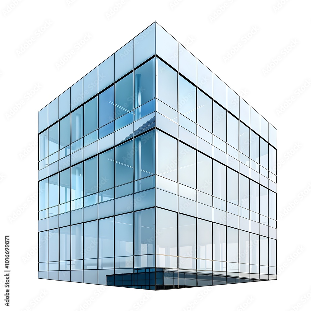 Poster sleek cube shaped building with reflective windows on white background