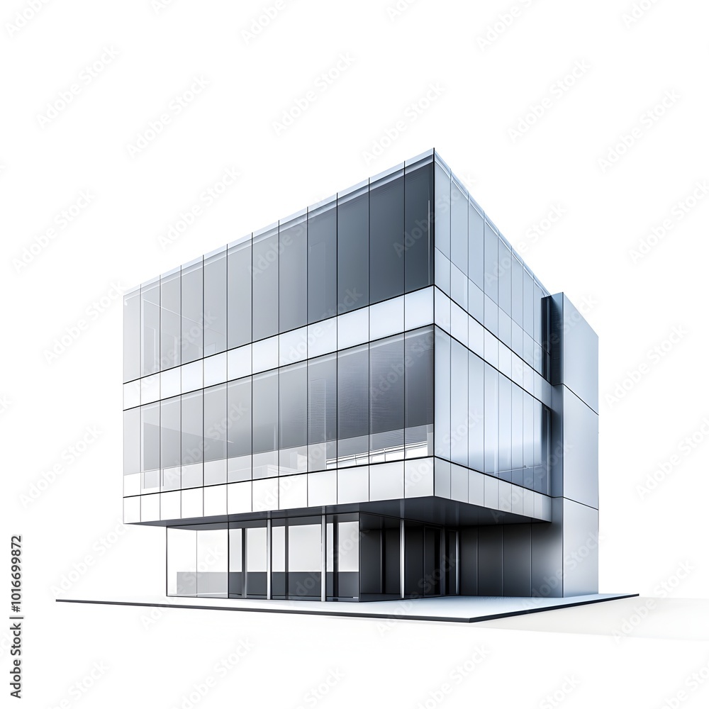 Poster sleek minimalist cube shaped building with reflective windows on white background