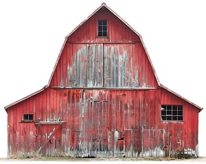 Rustic Red Barn with Wooden Beams on White Background