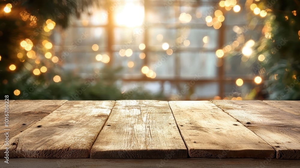 Aufkleber a bright and rustic wooden table is highlighted by the glowing bokeh lights of a sunset, creating a 