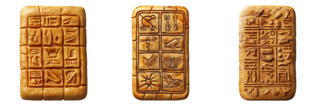 Ancient Egyptian stone tablets with hieroglyphs isolated on transparent background perfect for historical-themed illustrations or educational designs