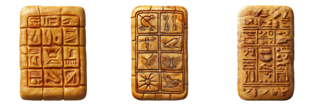 Ancient Egyptian stone tablets with hieroglyphs isolated on transparent background perfect for historical-themed illustrations or educational designs