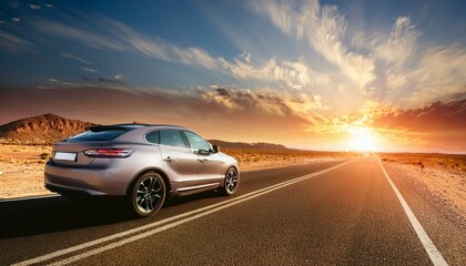 Modern car on the road at sunset in a desert area