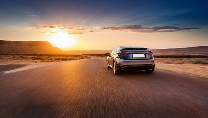 Modern car on the road at sunset in a desert area