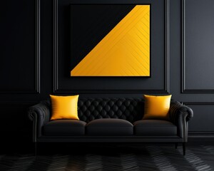 A midcentury modern living room with a bold, angular abstract painting above the couch