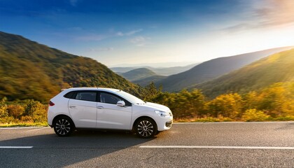 Fototapeta premium Car driving on the road is surrounded by a natural landscape.