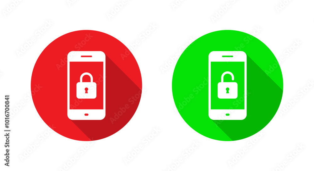 Poster lock and unlock padlock on cellphone screen icon with long shadow