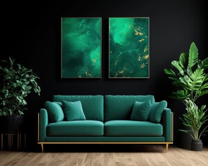 A modern coastal living room with abstract oceaninspired paintings in shades of blue and green