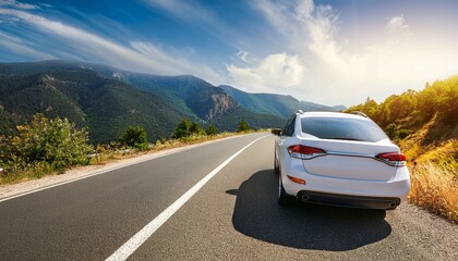 Car driving on the road is surrounded by a natural landscape.