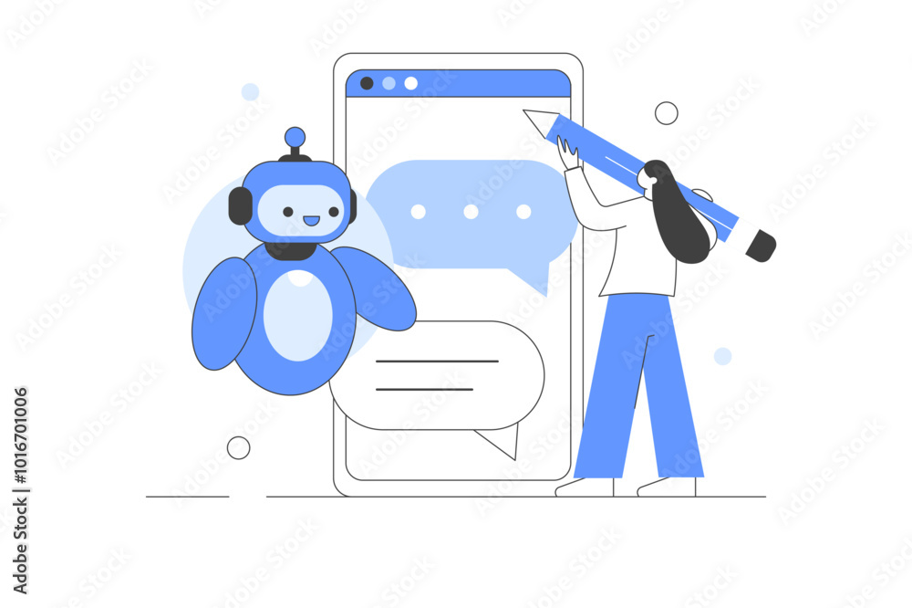 Poster artificial intelligence abstract vector illustration. character communicating to ai chat bot. neural