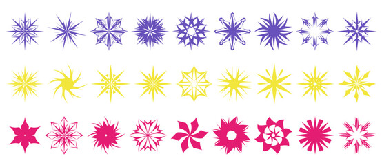 Set of decorations in the form of snowflakes, stars and flowers. Figures of blue snowflakes, yellow stars and pink flowers on a white background. Designer templates for invitations and holiday cards.