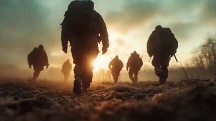 Silhouetted soldiers with heavy backpacks embark on a determined march through mist-shrouded terrain at dawn, symbolizing resilience and unity in challenging times.