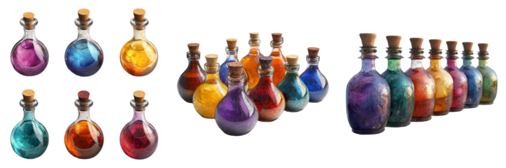 Glass potion bottles in various colors isolated on transparent background perfect for fantasy-themed illustrations or magical designs