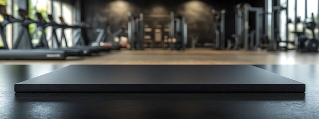  Black countertop with gym background for product. Empty tabletop with fitness room interior. Mockup platform for sports nutrition presentation. 