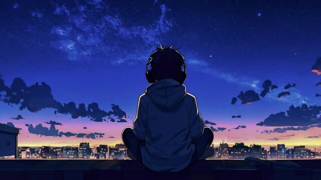 Animated virtual backgrounds cozy sad boy headphones sits city rooftop night sky, music watching distant city lights stars. lofi music 2D 4k Lofi Japanese manga Anime-style Looping hip hop Music Video