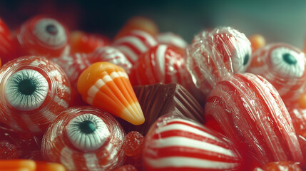 A hyper-realistic close-up shot of Halloween candy featuring eyeball-shaped candy, candy corn, and wrapped peppermint candies. The mix of colors and textures creates a festive yet eerie atmosphere.