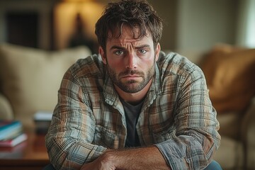 Obraz premium A man gazes intently with a serious expression, sitting in a cozy living room filled with warm light. His relaxed attire contrasts with his thoughtful demeanor, creating an inviting yet contemplative 
