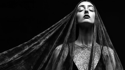 black-and-white studio portrait of a woman with closed eyes, wearing dark lipstick and an intricate lace outfit. A flowing, translucent veil frames her face, creating a dramatic and gothic atmosphere